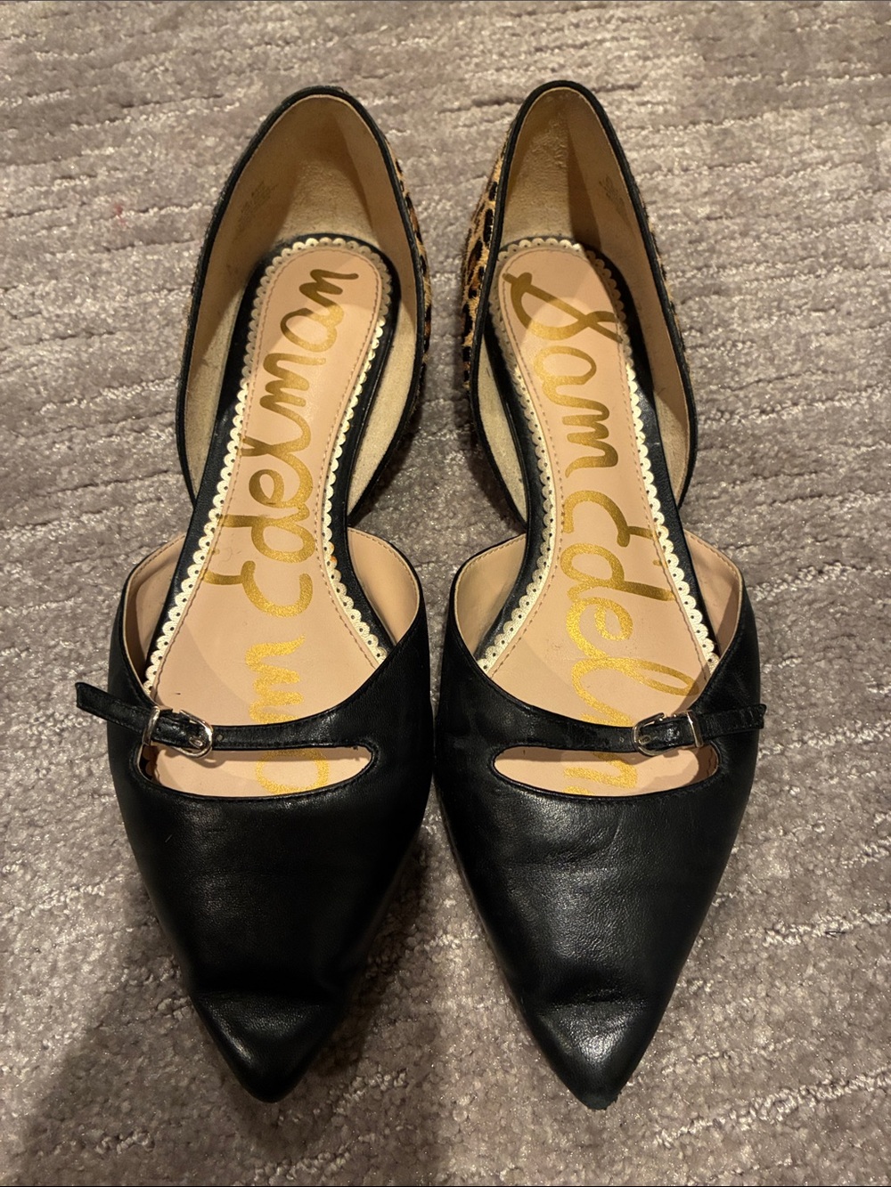 Sam Edelman Black Pointed D'Orsay Flats with Leopard Heel - Picture 2 of 4